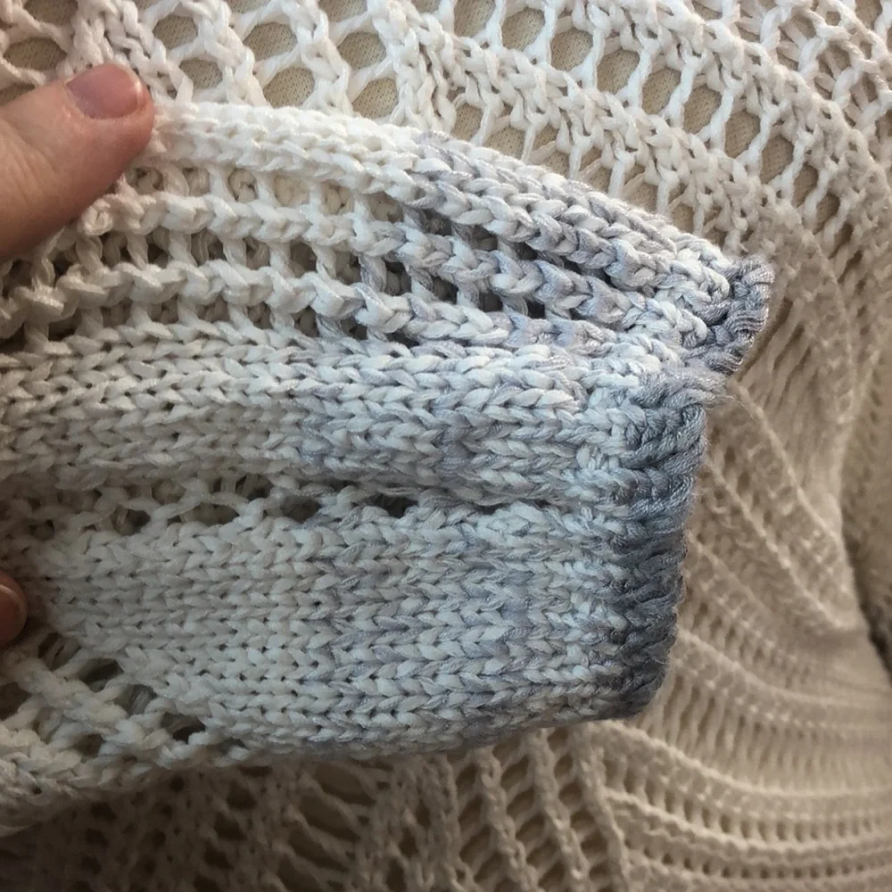 Coldwater Creek- crocheted cotton blend sweater - white w/grey ombre trim